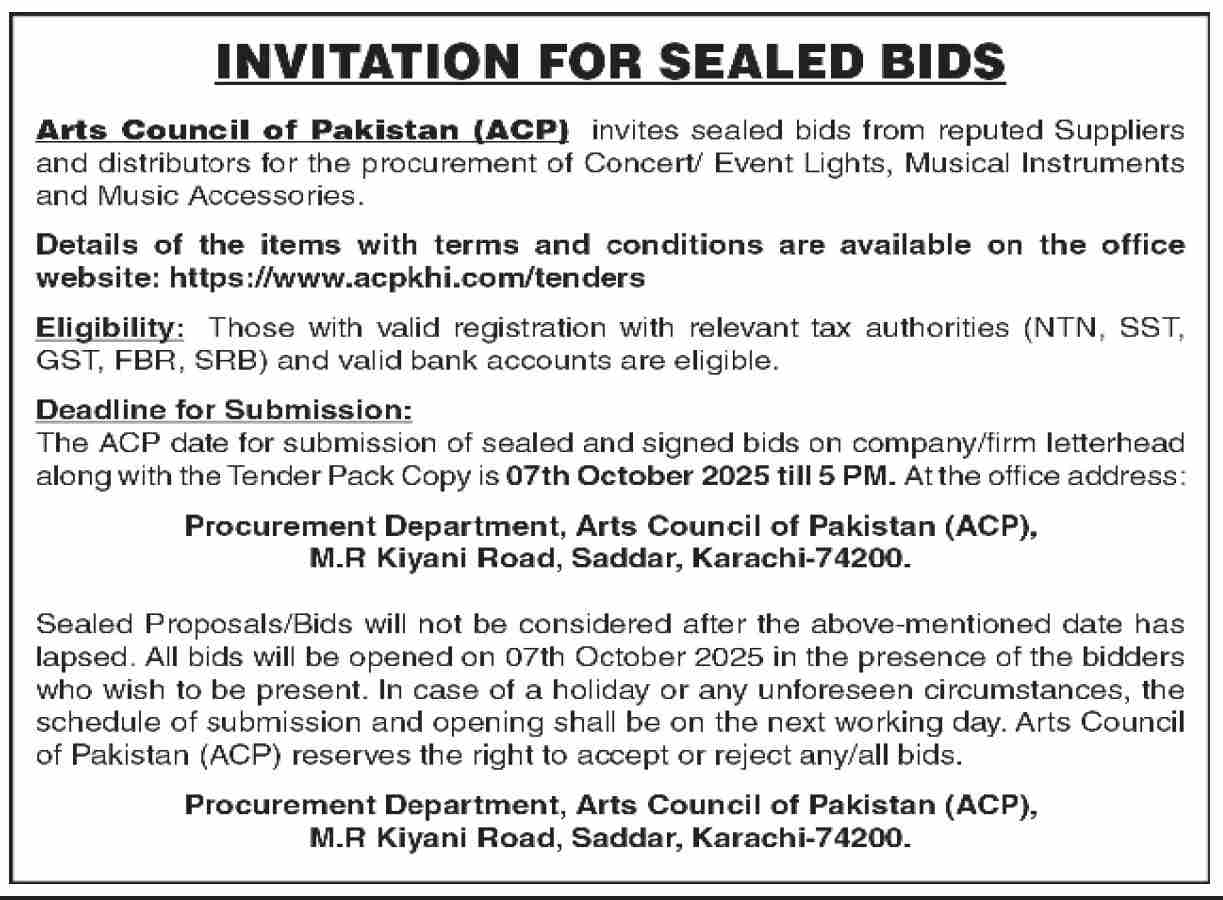 Arts Council of Pakistan Tender Notice